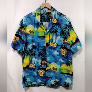 Vintage Aloha Republic Tropical Sunrise Hawaiian Shirt Men's XL Blue Vacation